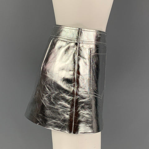 SAINT LAURENT 2022 Size 4 Silver Leather High Waist Mini Skirt