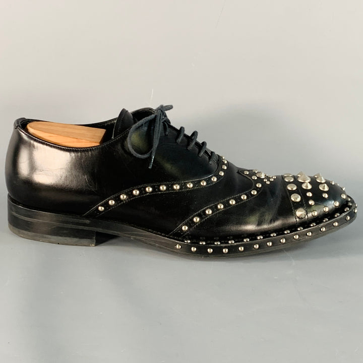 PRADA Size 10 Black Silver Studded Leather Cap Toe Lace Up Shoes