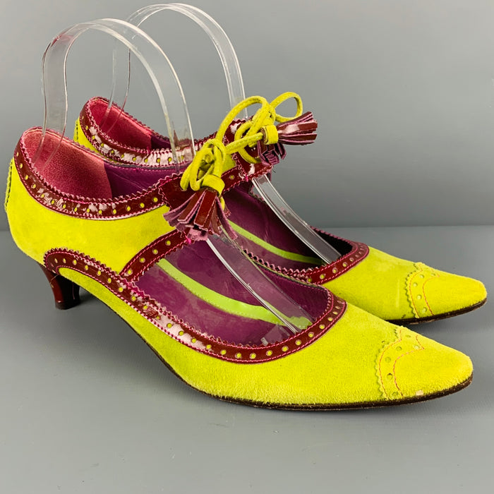 ETRO Size 7.5 Green Burgundy Suede Perforated Patent Leather Tassel Pumps