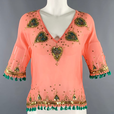 MATTHEW WILLIAMSON Size 6 Orange Green Silk Embroidered 3/4 Sleeves Casual Top