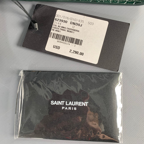 SAINT LAURENT Cassandra Green Gold Croc Embossed Leather Cross Body Mini Handbag