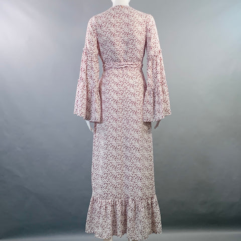 MISA Size XS White Burgundy Viscose Dots Ruffle Wrap Dress