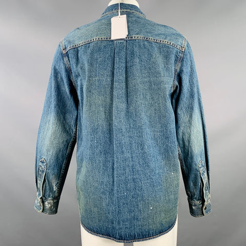 HELMUT LANG Size M Indigo Painter Blue Paint Splatter Cotton Denim One Pocket Long Sleeve Shirt