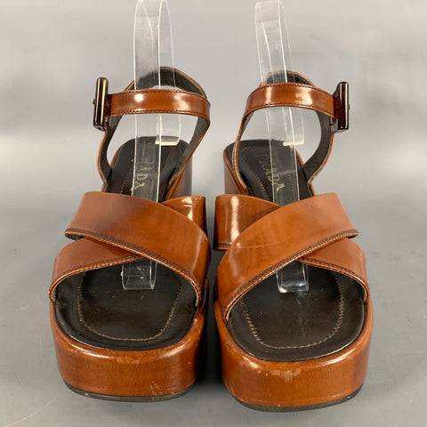 PRADA Size 8 Brown Black Leather Slingback Wedges