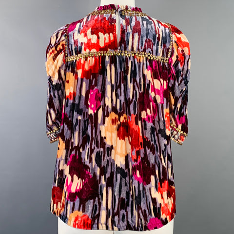 ULLA JOHNSON Size 2 Multi Color Velour Abstract Floral Beaded Blouse