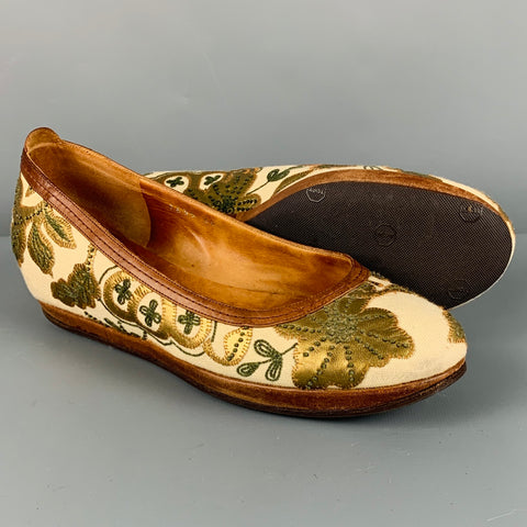 DRIES VAN NOTEN Size 7.5 Cream Gold Fabric Embroidered Leaves Wedge Flats