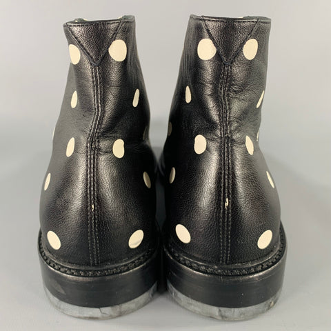 SAINT LAURENT Size 7.5 Black White Leather Polka Dot Ankle Boots