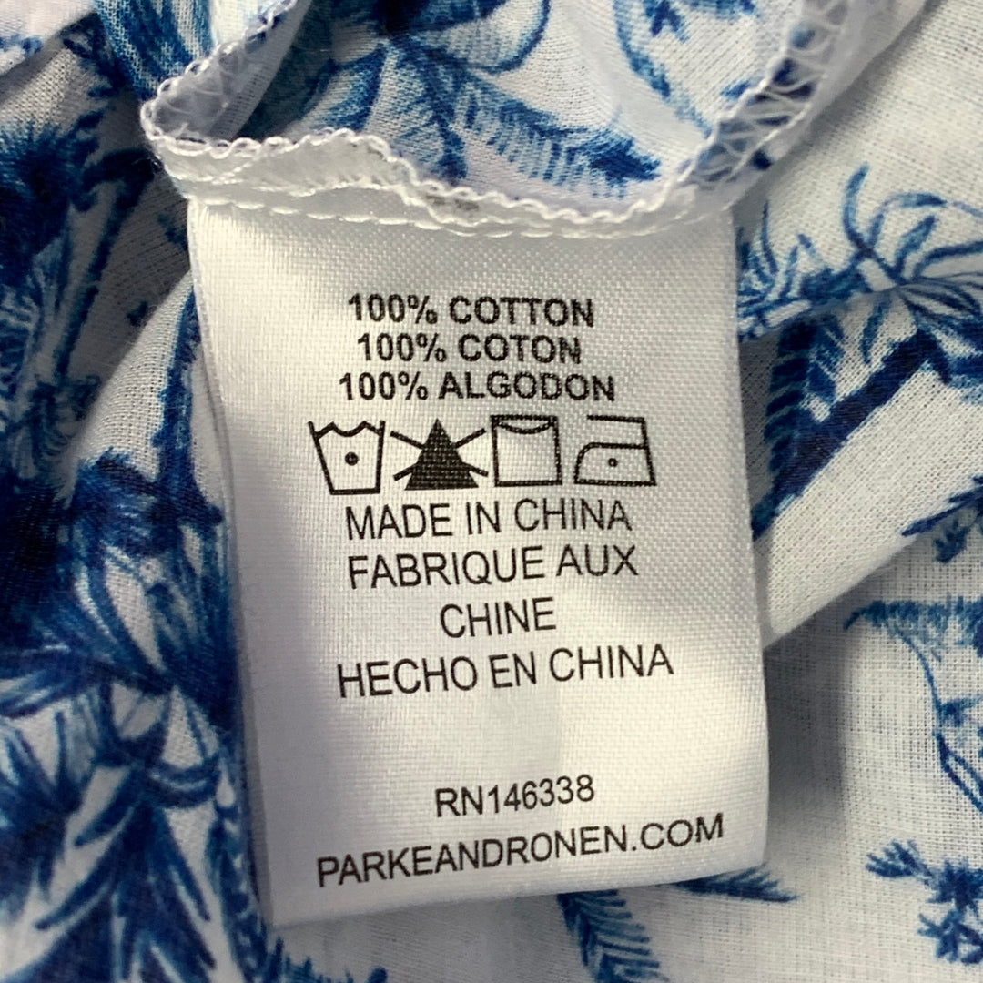 PARKE & RONEN Size XL White Blue Palms Cotton Point Collar Short Sleeve Shirt