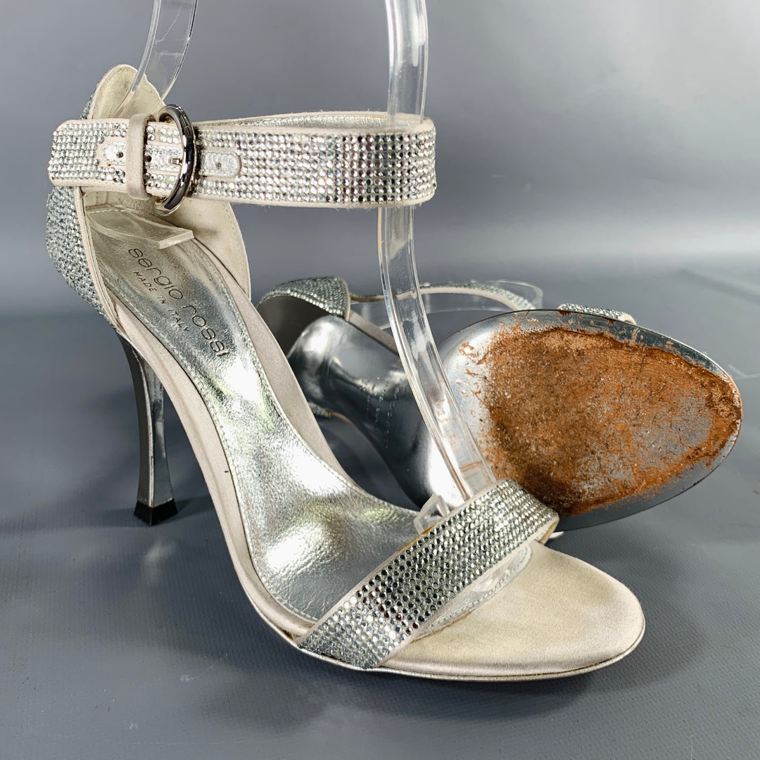 SERGIO ROSSI Size 5.5 Silver Grey Silk Ankle Strap Sandals