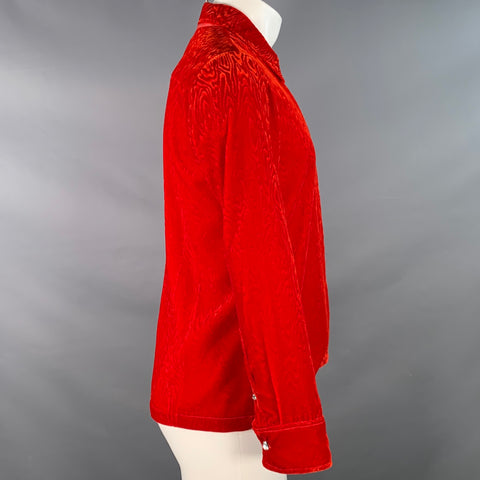 DRIES VAN NOTEN Size S Red Faux Bois Velvet Zip Up Long Sleeve Shirt