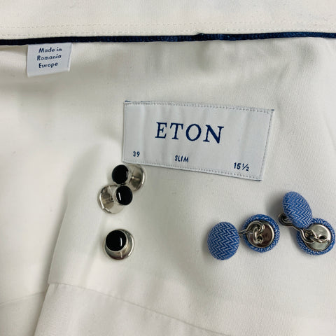 ETON Taille S Blanc Noir Applique Coton Tuxedo Chemise à manches longues