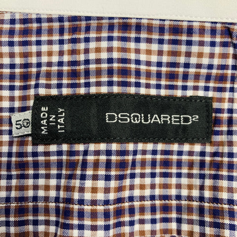 DSQUARED2 Size 40 White Navy Brown Plaid Cotton Contrast Trim Long Sleeve Shirt
