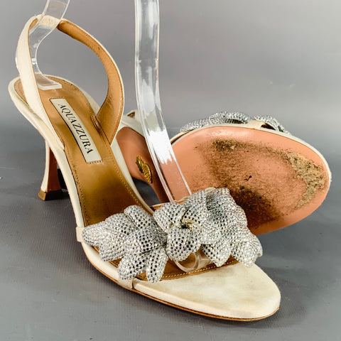 AQUAZZURA Size 8 Silver Silk Floral Rhinestone Embellishment Slingback Sandals