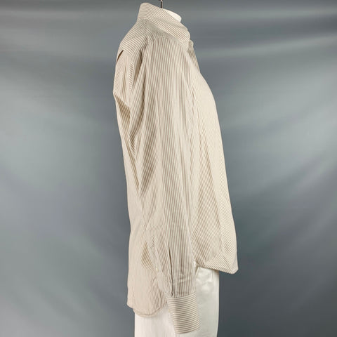 LORO PIANA Size L Tan White Stripe Cotton Button Down Long Sleeve Shirt