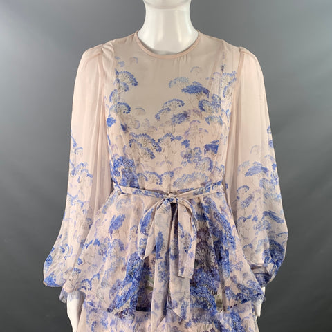 ZIMMERMANN Size S Blue Lilac Cotton Silk Floral Tiered Long Sleeve Dress