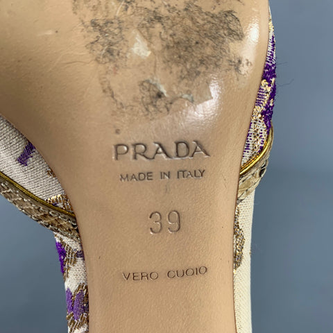 PRADA Size 9 Champagne Purple Jacquard Floral Mules Pumps