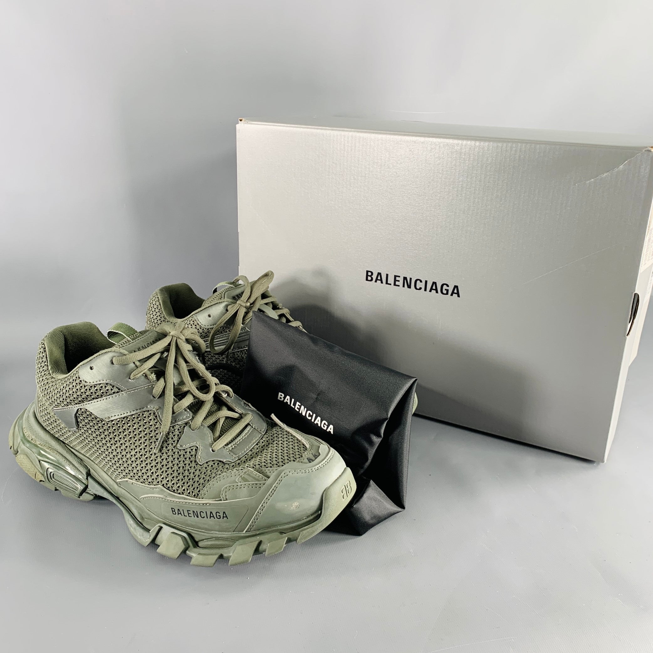 BALENCIAGA Size 11 Track 3 Green Olive Leather Nylon Lace Up Sneakers Sui Generis Designer Consignment