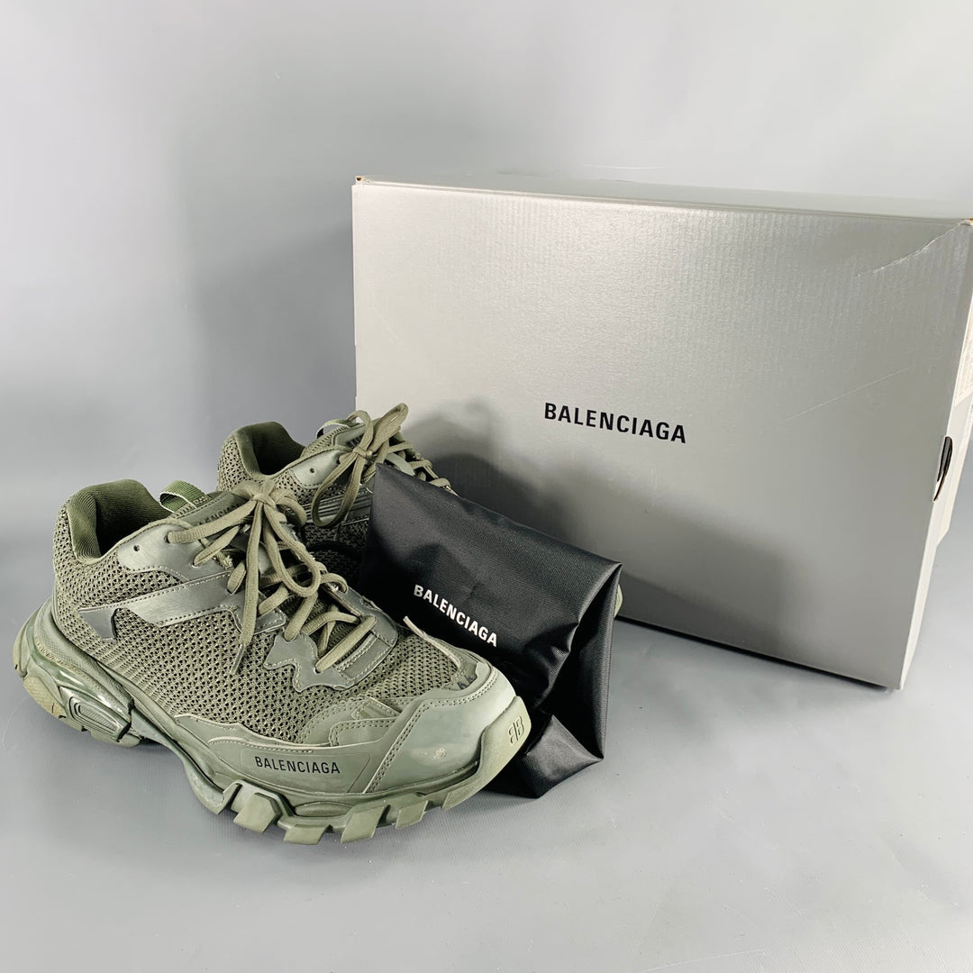 BALENCIAGA Size 11 Track 3 Green Olive Leather Nylon Lace-Up Sneakers