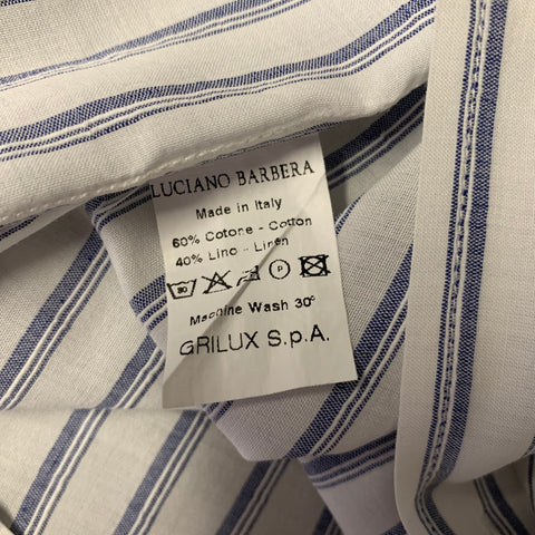 LUCIANO BARBERA Size L White Blue Stripe Linen Blend Camp Long Sleeve Shirt