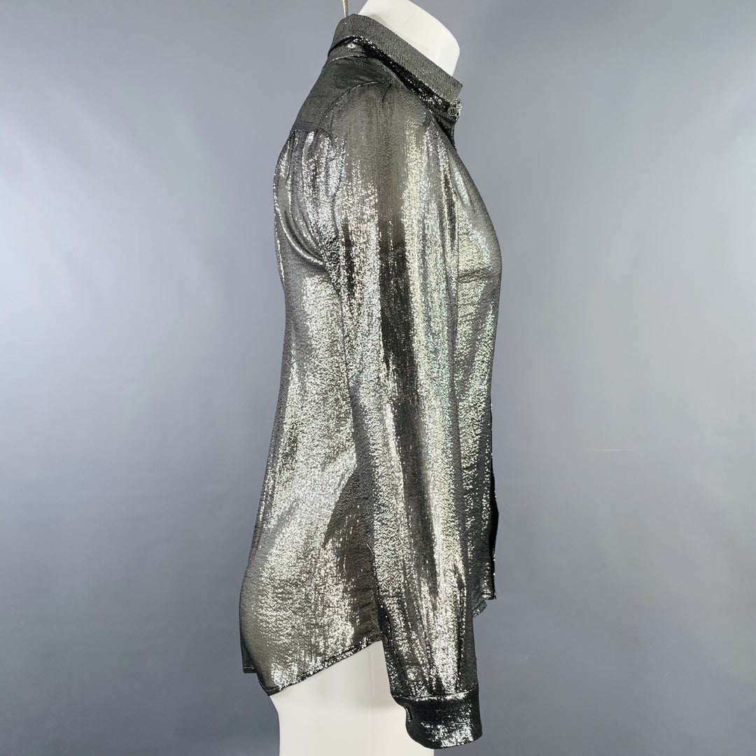JULIEN DAVID Size M Silver Metallic Silk Blend Button Up Long Sleeve Shirt