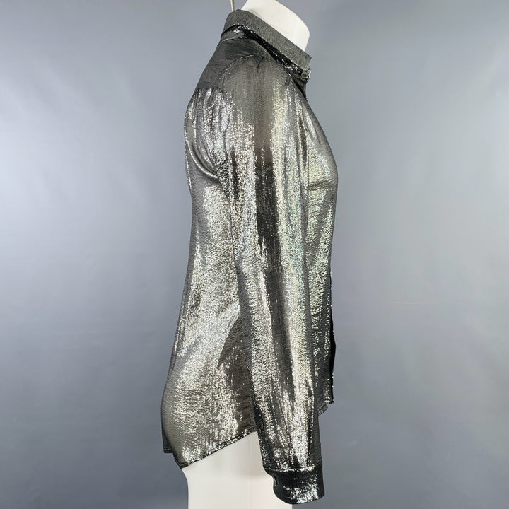 JULIEN DAVID Size M Silver Metallic Silk Blend Button Up Long Sleeve Shirt