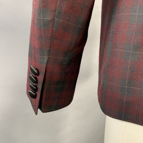 NICK GRAHAM Size 38 New York Cut Burgundy Black Checkered Polyester Blend Shawl Collar Tuxedo Jacket