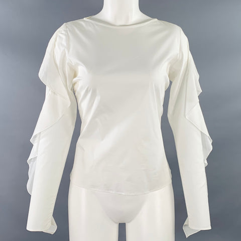ANNE FONTAINE Size 4 Seleste White Cotton Blend Ruched Ruffled Long Sleeve Casual Top