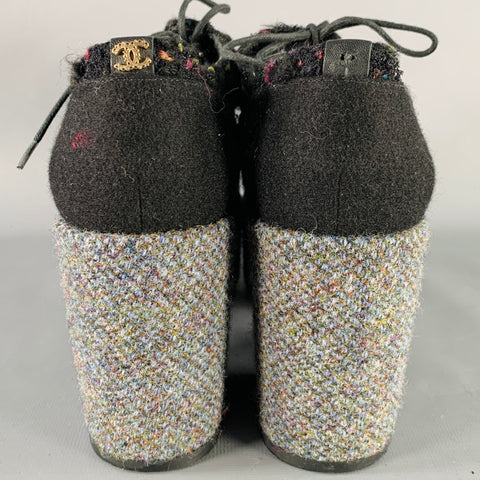 CHANEL Size 6.5 Black Red Grey Tweed Platform Oxford Flats