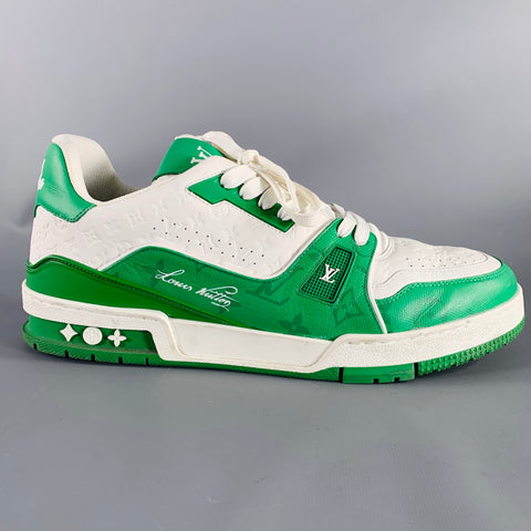 LOUIS VUITTON Size 11.5 LV Trainer Green White Two Toned Leather Sneakers