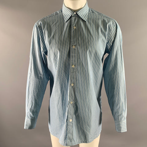 CHARVET Size M Blue White Navy Stripe Cotton Point Collar Long Sleeve Shirt