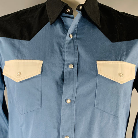 SANDRO Size XL Blue Black White Color Block Cotton Western Long Sleeve Shirt