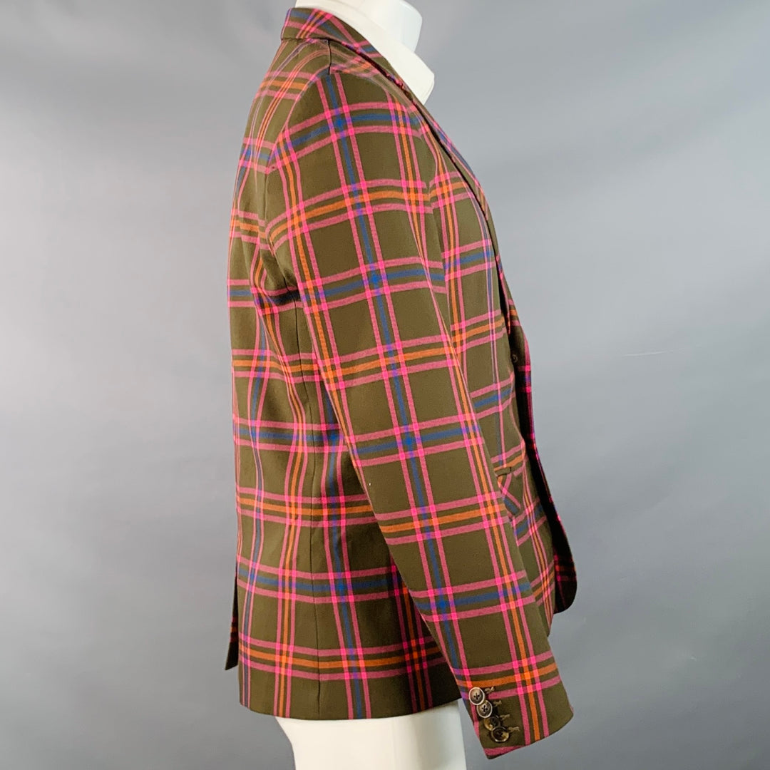 MR TURK Size 38 Olive Pink Orange Plaid Polyester Blend Notch Lapel Sport Coat