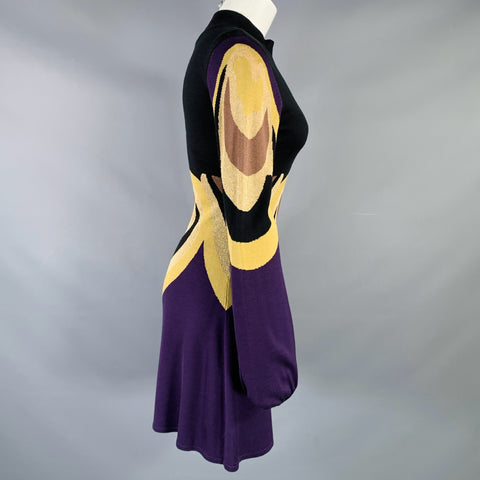 TEMPERLEY Size 6 Black Gold Silk Blend Abstract Bishop Sleeve Above Knee Dress