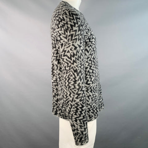 SAINT LAURENT 2019 Size L Grey Black Zig Zag Wool Blend Crew Neck Sweater