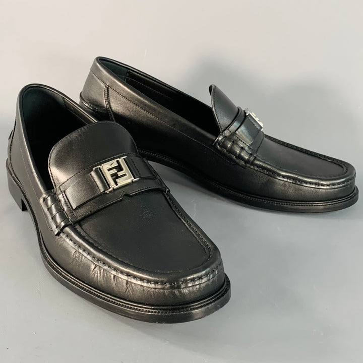 FENDI Size 13 Black Silver Calfskin Leather Monogram Buckle Slip On Loafers