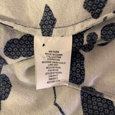MR TURK Size L Blue White Floral Rayon Cotton Cutaway Short Sleeve Shirt