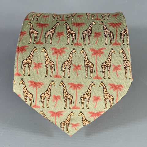 HERMES Green Beige Burgundy Giraffe Silk Tie