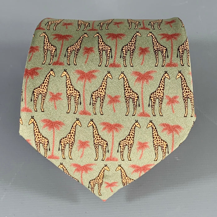 HERMES Green Beige Burgundy Giraffe Silk Tie