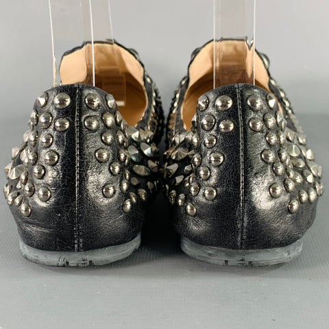 PRADA Size 7.5 Black Silver Leather Studded Slip On Loafers Flats