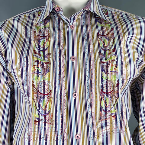 ROBERT GRAHAM Size XXL White Multi Color Stripe Cotton Long Sleeve Shirt
