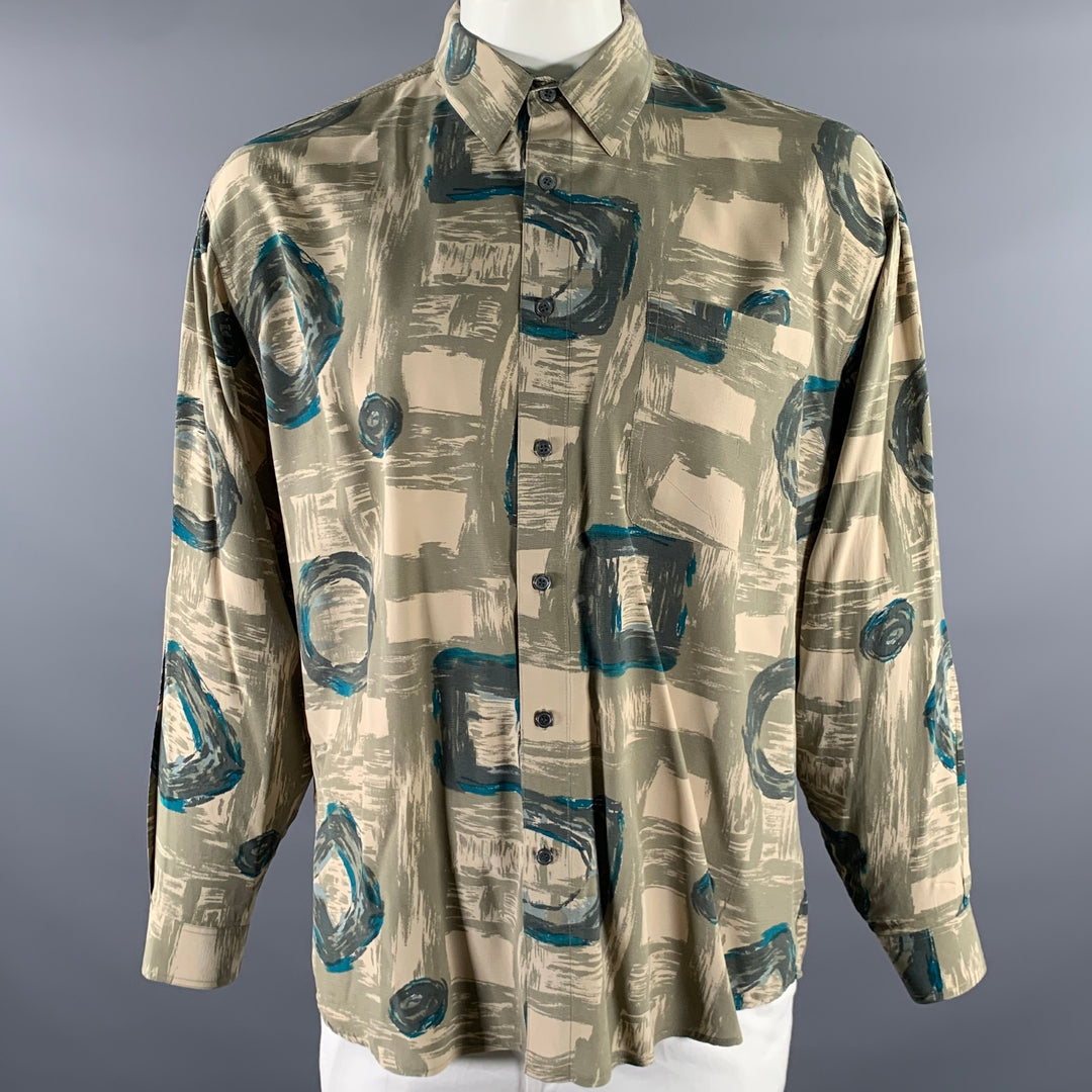 PERRY ELLIS Size L Green Olive Abstract Silk Pointed Collar Long Sleeve Shirt