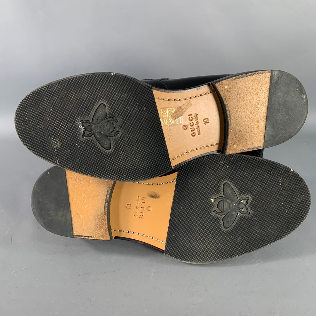 GUCCI Size 10.5 Black Red Blue Contrast Trim Leather Penny Loafers