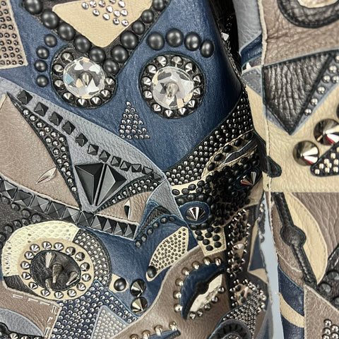 FENDI Printemps 2016 Taille 34 Gris Bleu Agneau Cerf Cuir Peau de Serpent Clouté Allover Monster Veste