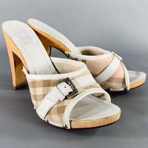 BURBERRY Size 7 White Beige Leather Plaid Buckle Sandals