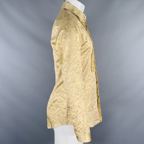 BURBERRY PRORSUM Size S Gold Metallic Floral Silk Blend Tuxedo Long Sleeve Shirt