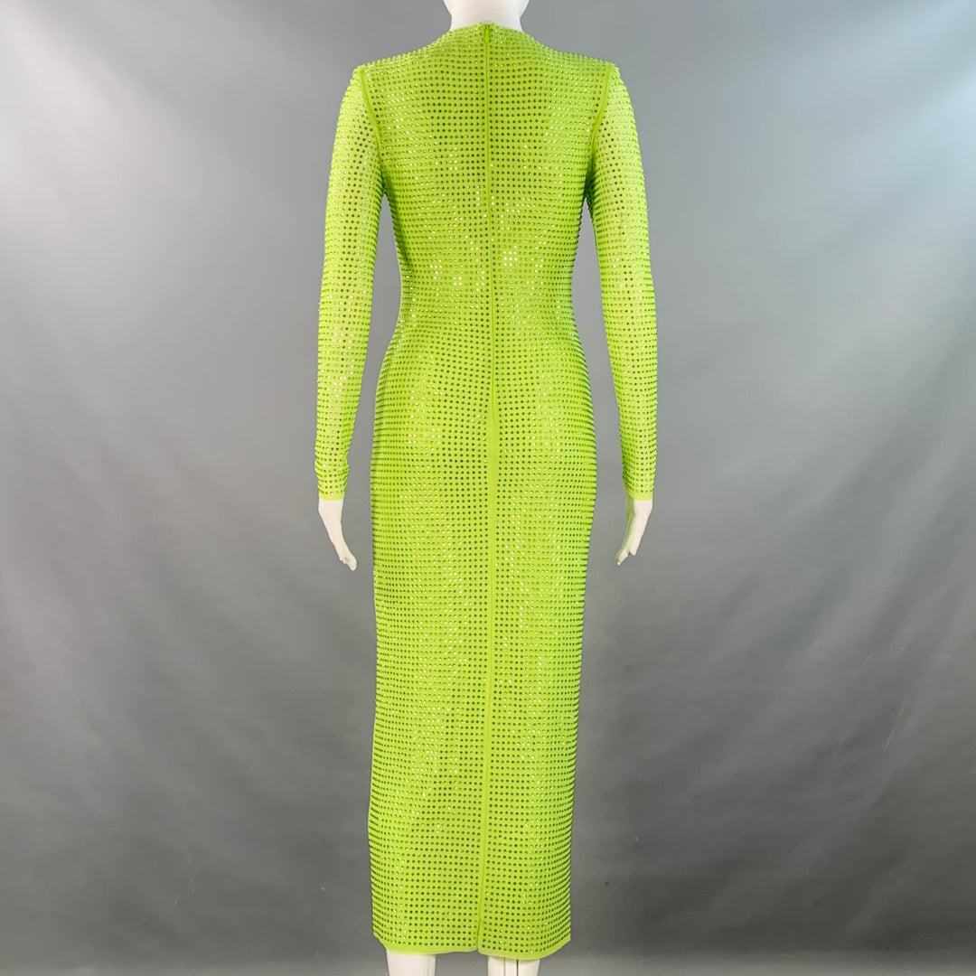 SELF-PORTRAIT Size 4 Neon Green Polyester Blend Rhinestones Long Cocktail  Dress