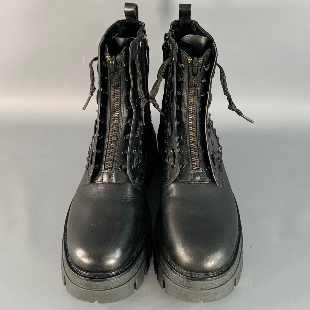 ASH Size 10 Lynch Studs Black Studded Leather Lug Sole Zip Up Combat Boots