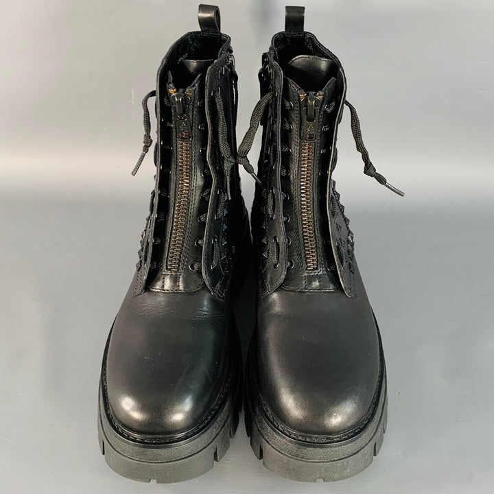 ASH Size 10 Lynch Studs Black Studded Leather Lug Sole Zip Up Combat Boots