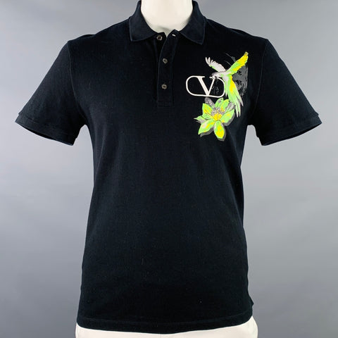 VALENTINO 2020 Size L Black Green Yellow Parrot Graphic Cotton Buttoned Polo