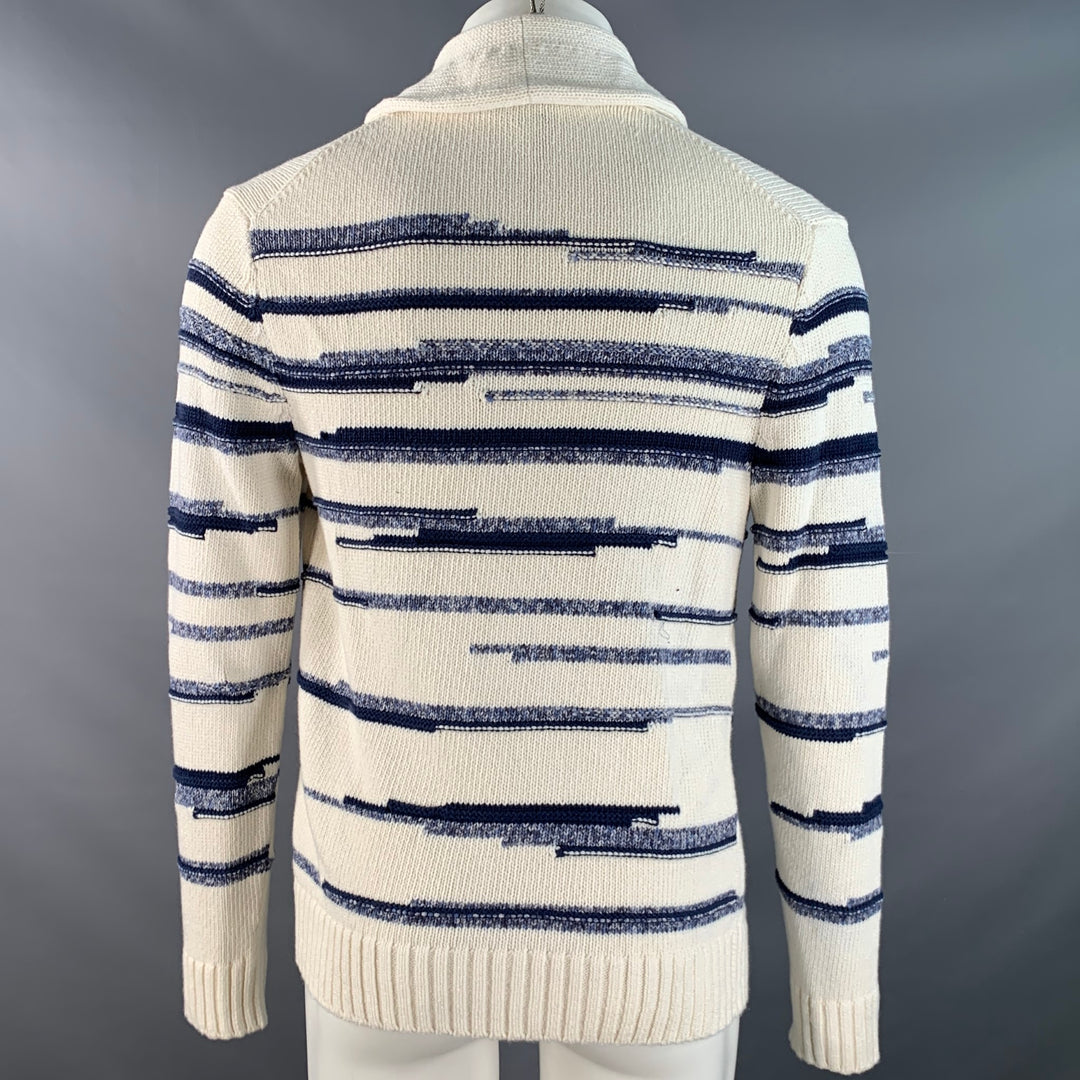 VINCE Size S Cream Blue Stripe Cotton Shawl Collar Cardigan